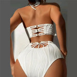 Sexy White High Waisted Bikini Set Women Ribbed Swimwear Push Up Swimsuit Halter Backless Crop Top Back Hollow Out Bathing Suit