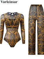 S - XXL New Printed Long Sleeve With Pants Women Swimwear One Piece Swimsuit Female Floral Padded Bather Bathing Suit Swim V7176