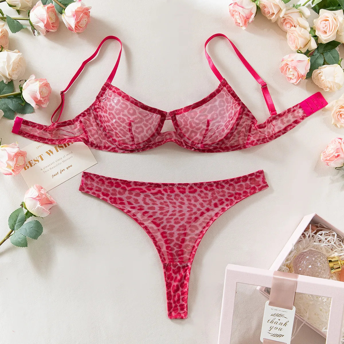 Leopard Printed See Through Bra and Panty Set Women Sexy Lingerie Ultra-thin Transparent Underwear Intimate Sleepwear