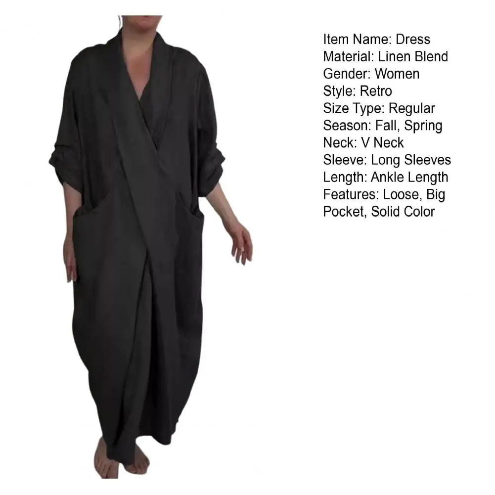 Bohemian Maxi Dress Spring Autumn Maxi Dress Robe Baggy Cross V Neck Large Pocket Retro A-line Casual Party Travel Dress