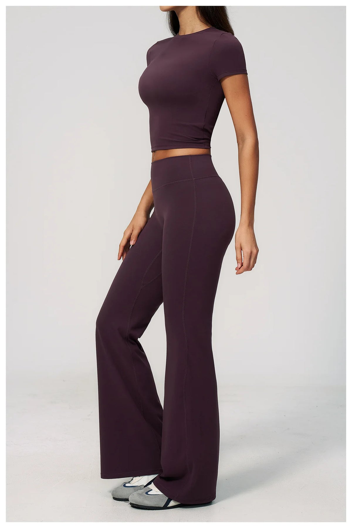 Creamy 2 Pieces Workout Suit Women Yoga Outfits Short Sleeve O Neck Slim Sports T Shirts High Waist Flare Pants Gym Fitness Sets
