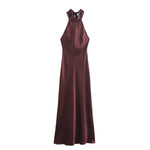 Foridol Halter Satin Dress Women Sexy Backless Burgundy summer spring Dress Elegant Maxi Long Party Dress Christmas Vestidos