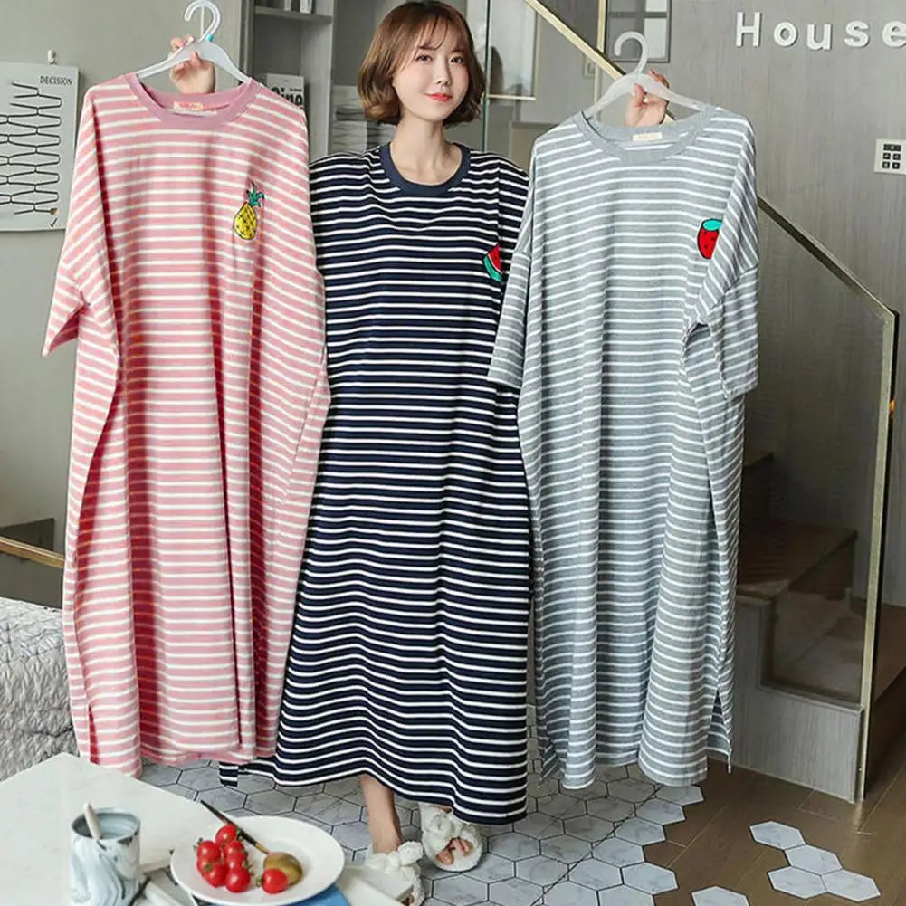 Women Summer Nightdress Short Sleeve Loose Breathable Comfortable Sleeping Polyester Stripes Print Night Robe Women Clothing