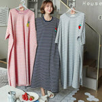 Women Summer Nightdress Short Sleeve Loose Breathable Comfortable Sleeping Polyester Stripes Print Night Robe Women Clothing