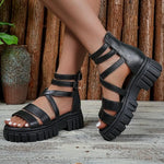 Roman Style Hollow Thick Heel Sandals Women's Large Size Slip-On Beach Sandals PU Material Comfortable Breathable Ladies Shoes