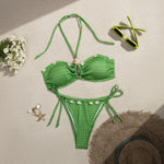 Wrinkled Hollow Out Halter Strappy Bikini Women Swimwear Female Swimsuit Two-pieces Bikini Set Bather Bathing Suit Swim Lady