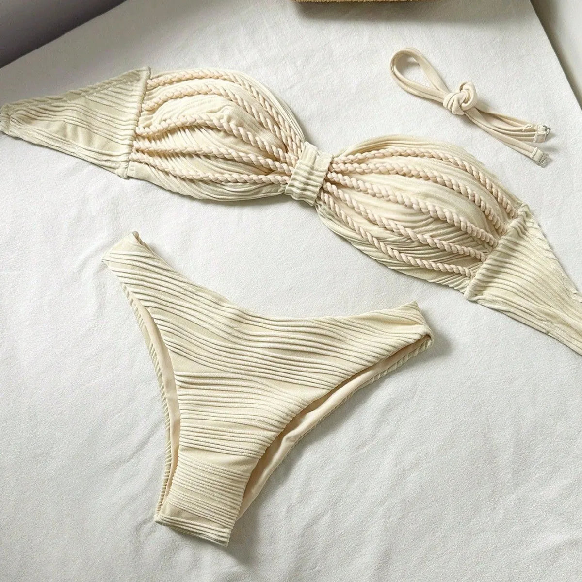Sexy Bandeau Bikini 2026 Women Coffee Braiding Rope Pleate Tie Push Up High Waist Swimsuit Beach Holiday Bathing Suit Swimwear