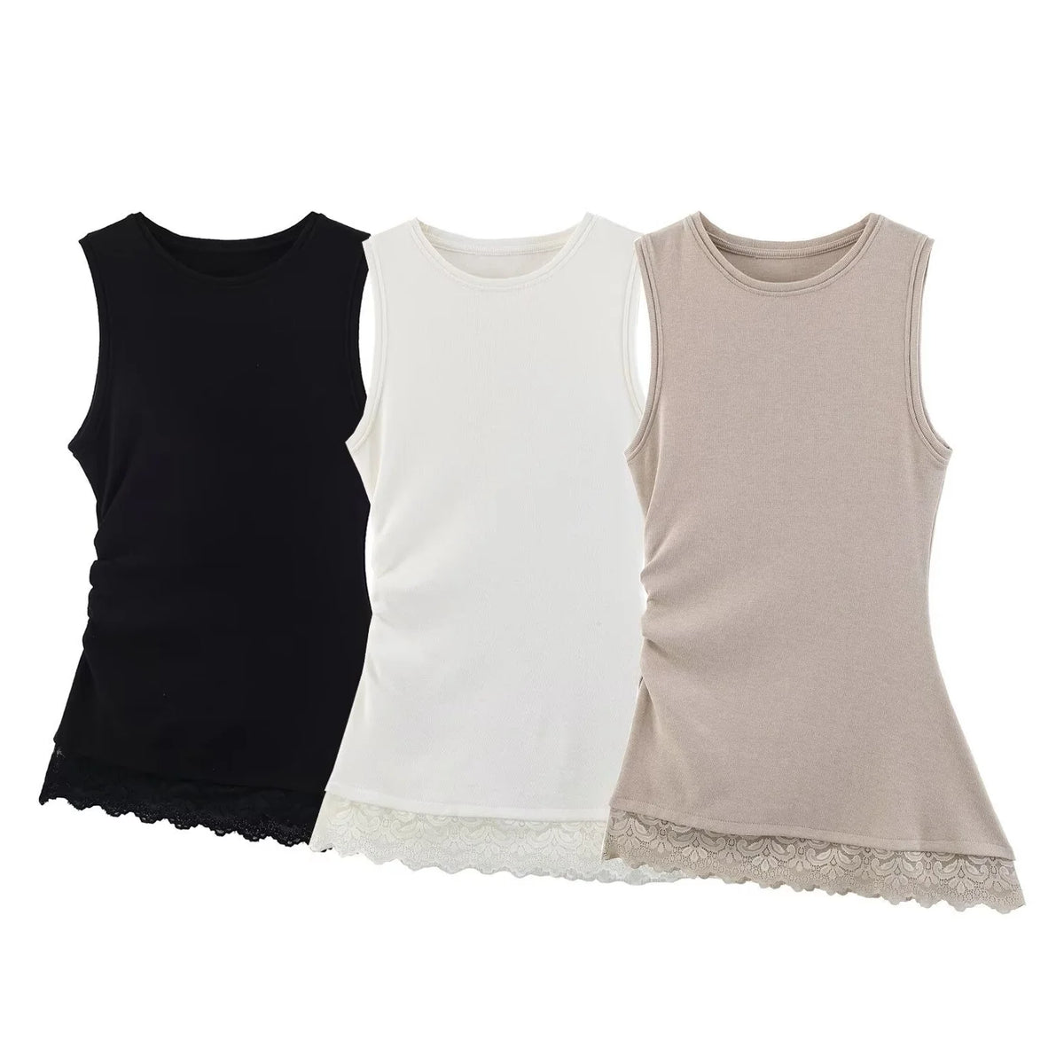 Women's FashionableCasual Pleated Lace Top Women Ruched Side Lace Trim Sleeveless Tank Top Casual Slim Fit Basic Tops 1JTD