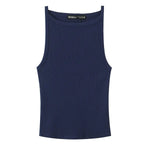 Women's Fashion Halter Neck Top Solid Color Round Neck Women Ribbed Slim Fit Wide Strap Sleeveless Top Casual Basic Tops WCQ7