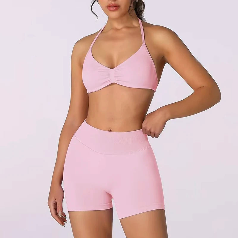 2PCS Backless Sports Bra High-Waisted Yoga Shorts Set Sexy Neck Hanging Design Abdomen Hip Lifting Fitness Outfit