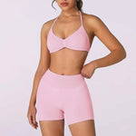 2PCS Backless Sports Bra High-Waisted Yoga Shorts Set Sexy Neck Hanging Design Abdomen Hip Lifting Fitness Outfit