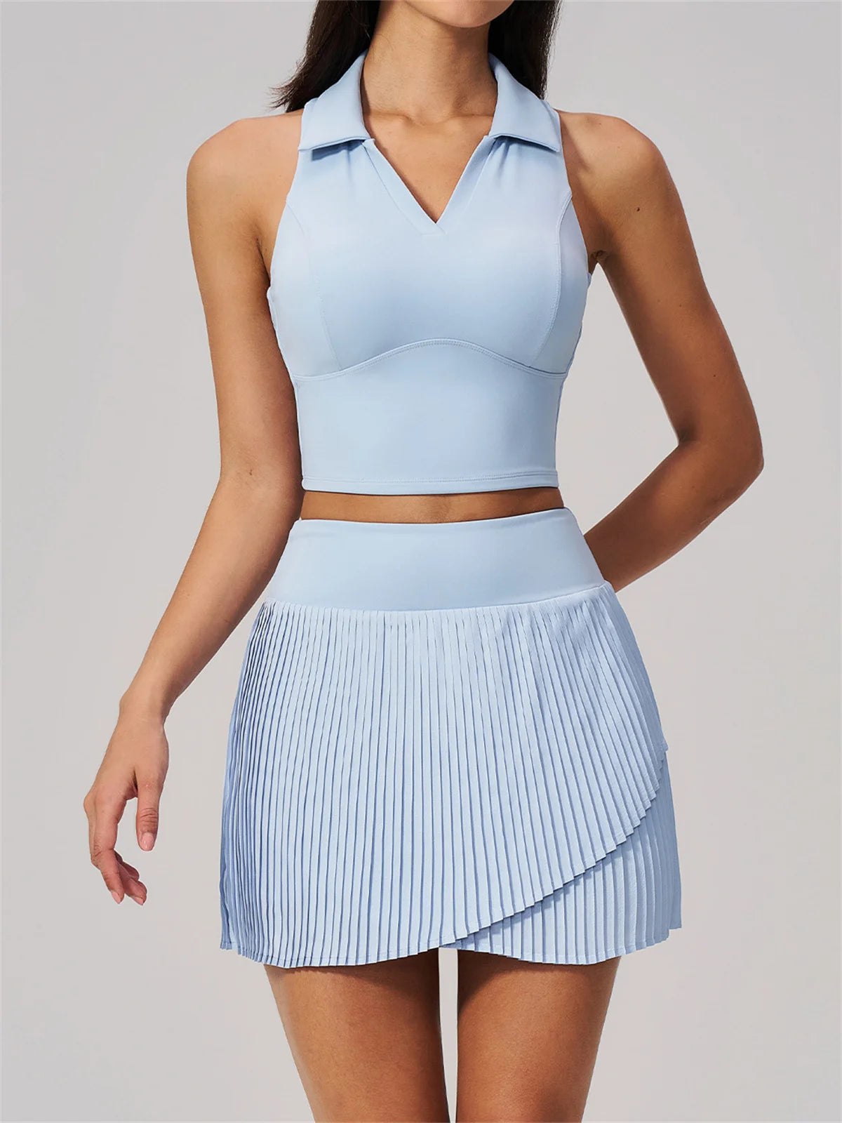 Women's Tracksuit Yoga Set 2 Pieces High Waist Pleate Pocket Skort Fitness Suit Turn Down Collar V Neck Slim Tank Top Sporstwear