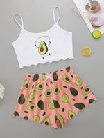 Summer Avocado Print Pajamas Set for Women Casual Camisole with Shorts Sexy Lingerie Nightie Homewear Sleepwear Underwear