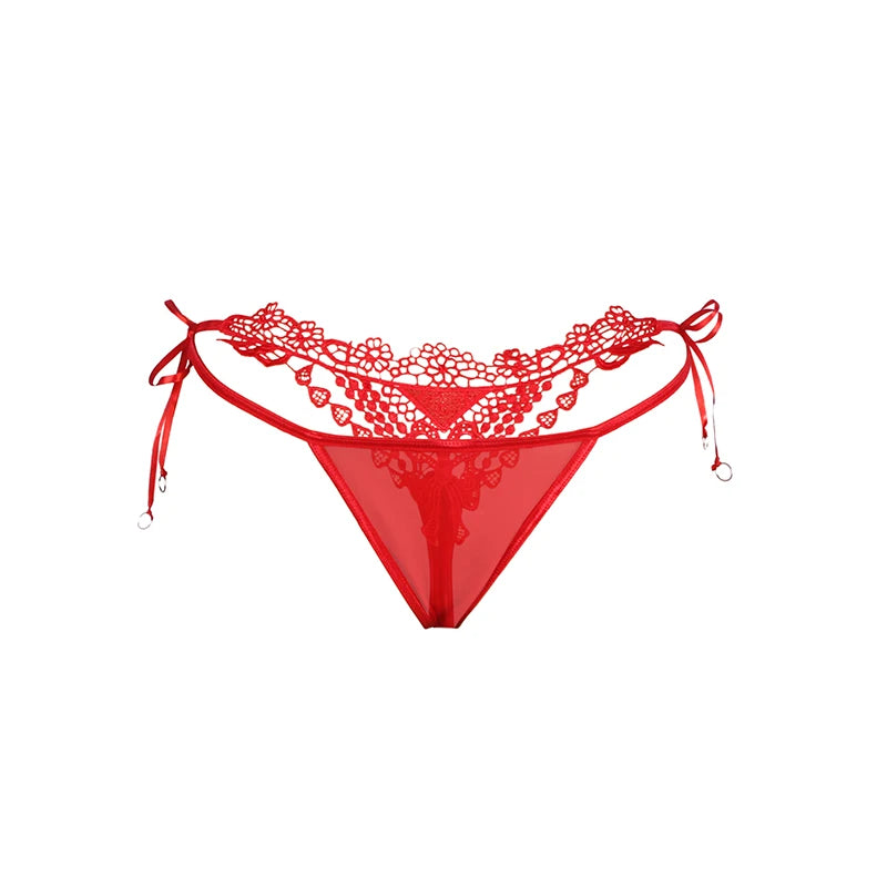 Women‘s Mesh Lace Panties Plus Size M-3XL Sheer Embroidered Flowers Low Rise Sexy Underwear with Ribbon Metal Ring Daily Wear