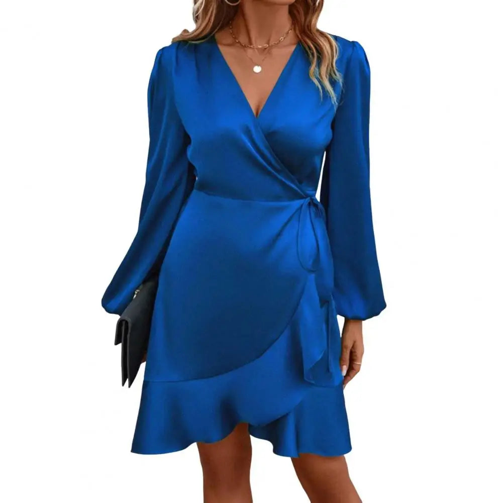 Smooth Satin Ruffle Trim Dress Women Mini Dress V-Neck Lantern Long Sleeve Side Lace-up Dress Solid Color