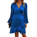 Smooth Satin Ruffle Trim Dress Women Mini Dress V-Neck Lantern Long Sleeve Side Lace-up Dress Solid Color