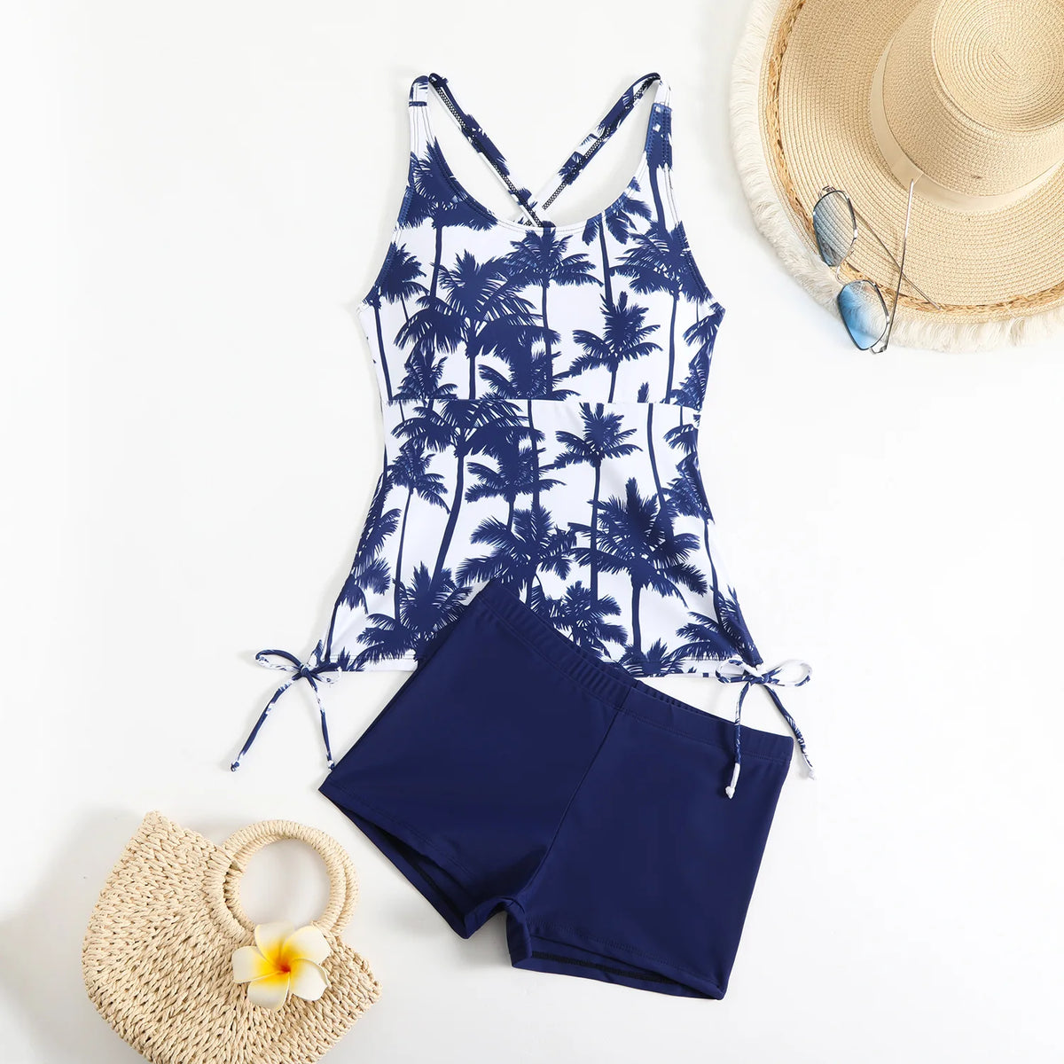 High Waist Swimwear Women 2025 New Two Pieces Swimsuit with Shorts Coconut Palm Print Tankini Set Summer Bathing Suit Trunks