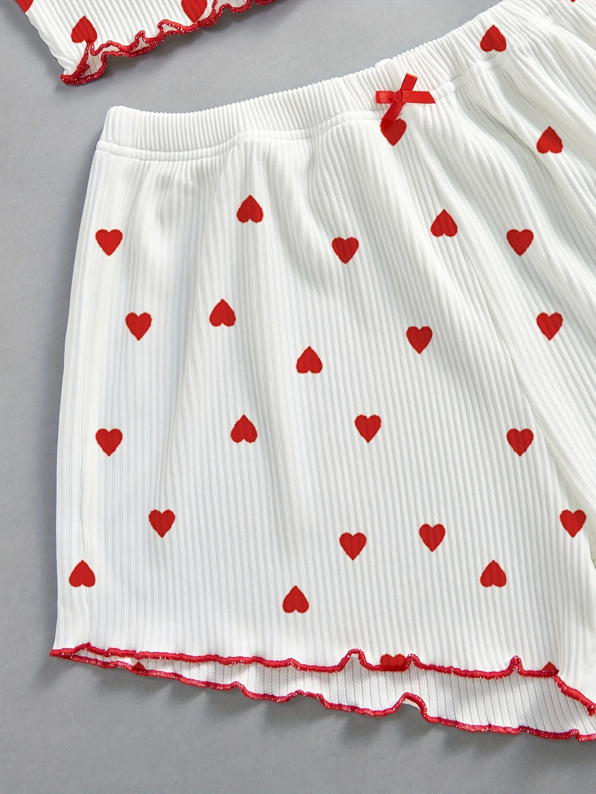 Summer Women Sleepwear Pajamas Sets Love Print Bow Dipped Crop Tops and Shorts Set Casual Loungewear Home Clothes