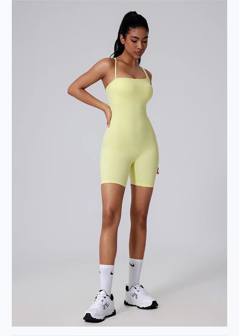 Sexy Fitness Yoga Jumpsuit Women Sleeveless Slim Playsuit Pleated Hollow Running Scrunch Shorts Romper One Piece Sports Suit