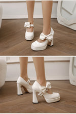 Plus Size Women's Bow Mary Janes Platform Chunky Heels Ankle Strap High Heel Pumps Sweet Lolita Party Dress Shoes