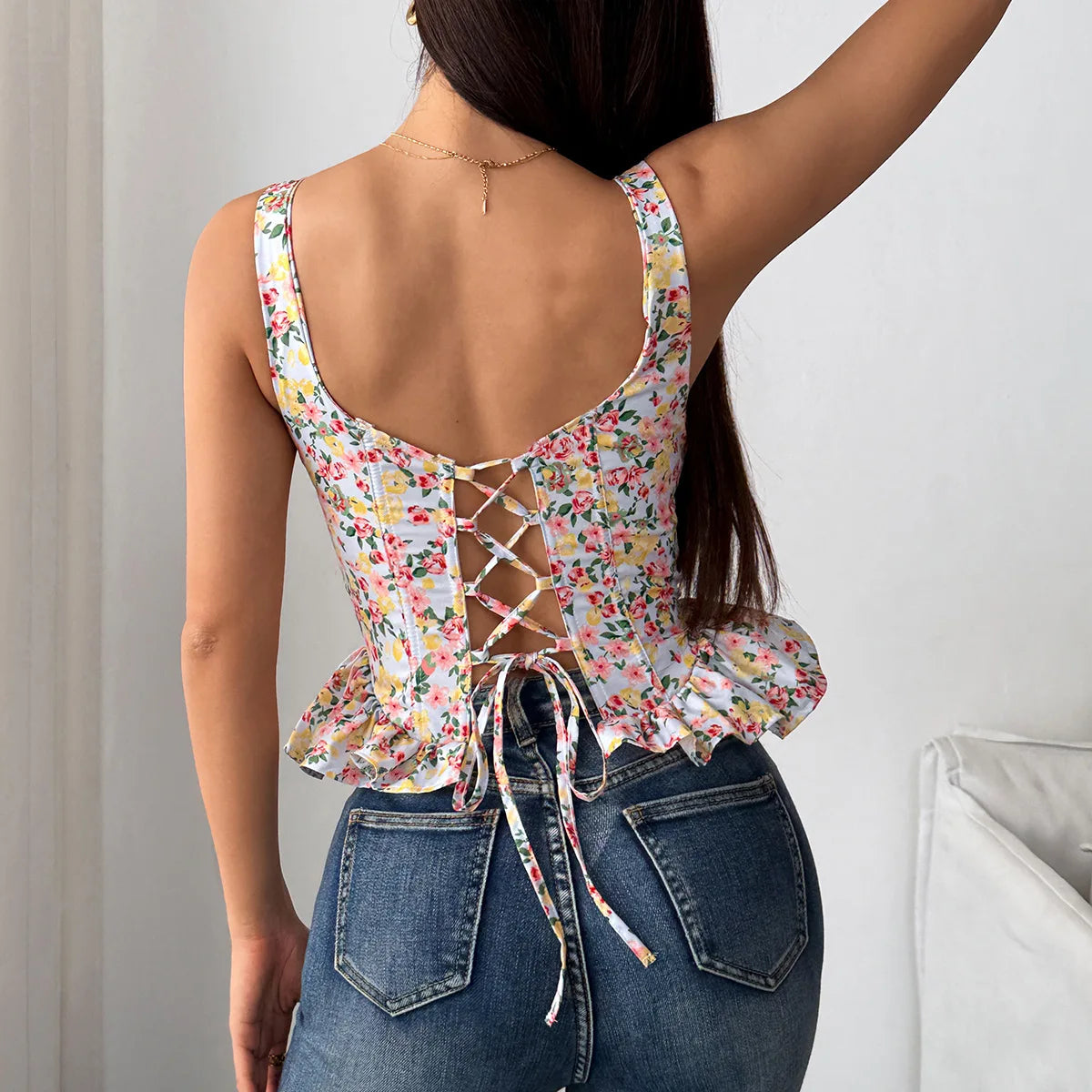 Spring Summer Lace Up Pink Floral Print Fishbone Corset with Folded Waist Ruffled Edges Cotton Suspender Vest for Women 2026