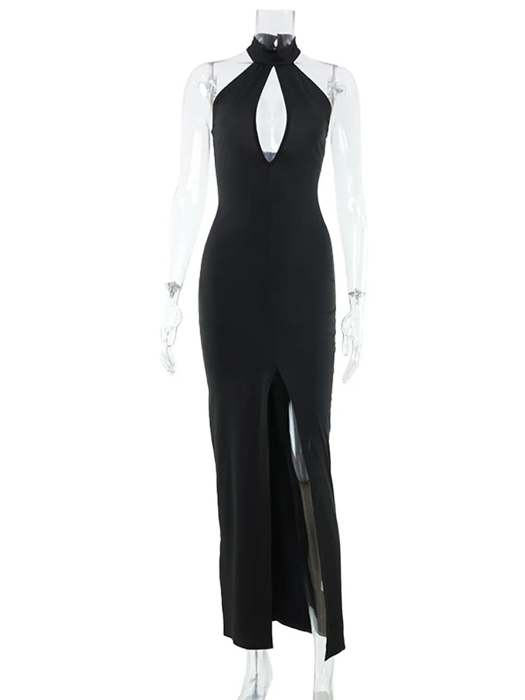 Ahagaga Sexy Halter Women's Maxi Dresses Solid Hollow Out Sheath High Split Party Backless Elegant Tight Fitting Hip Hugging