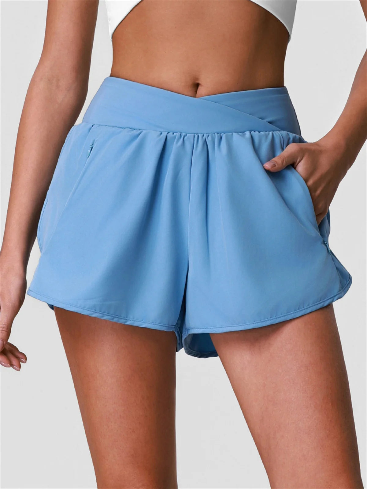 Summer Breathable Yoga Shorts V High Waist Pocket Loose Sports Pants Quick Drying Hip Lifting Running Training Fitness Shorts