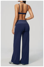 Fake Two-piece Sports Bra Yoga Sets Women Coffee Striped Patchwork Folding High Waist Wide Leg Pants Gym Running Fitness Suits