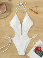 Sexy Halter V Neck Wrinkled Female Swimwear One Piece Swimsuit Women Backless Monokini High Leg Cut Bathing Suit Swim Beach Wear