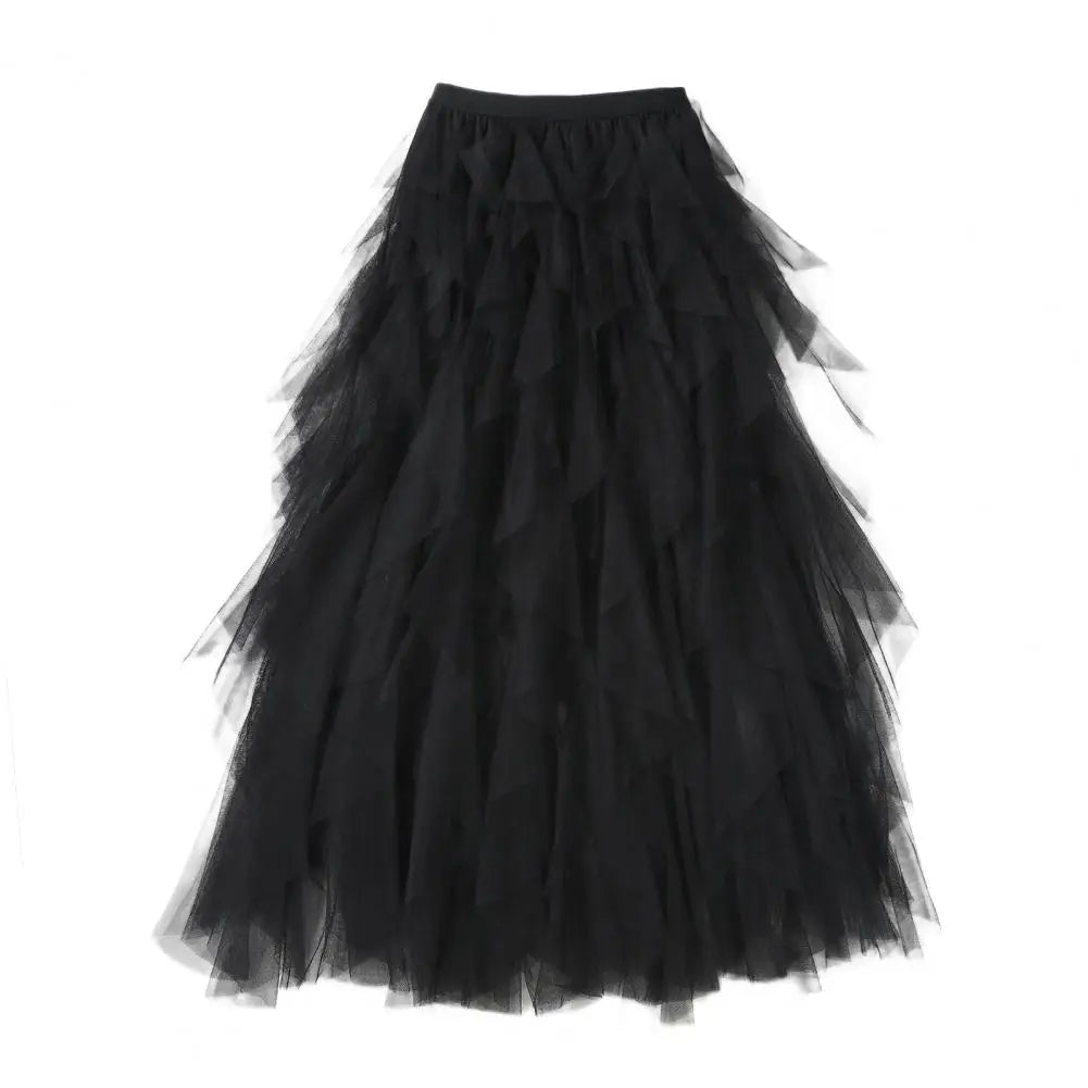 Flowy Hem Versatile Cake Skirt Women Midi Skirt Elastic High Waist Mesh Yarn Decor Long Skirt Solid Color