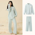 Women Autumn Winter Half Fleece Pajama Set Solid Round Neck Thick Warm Soft Casual Homewear Sleepwear Suit Wearable Outside