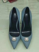 Women Denim Stiletto High Heels Pointed Toe Pearl Decor Pumps Elegant Ladies Slip On Dress Party Wedding Heeled Shoes