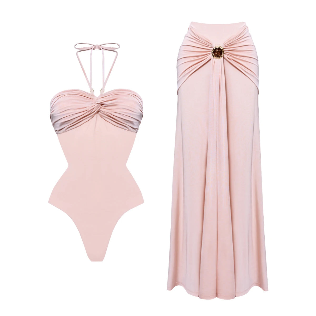 2Pcs Striped Swimsuit With Long Skirt Sexy Women Bikini Push Up Swimwear Halter Biquini Female Bathing Suit Slimming Beachwear