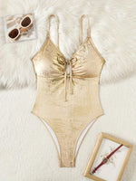 Sexy Brozing Gold One Piece Swimwear Women 2026 Front Drawstring Tie Slim Tummy Control Holiday Bathing Suit Swimsuit Monokini