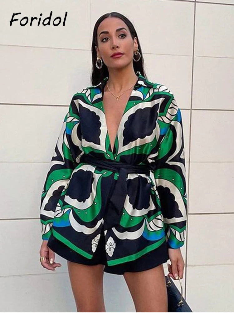 Foridol Oversized Green Print Boho Women Shorts Sets Shirts Shorts Pants Three Pieces Fashion Suits Matching Sets 2025 Summer