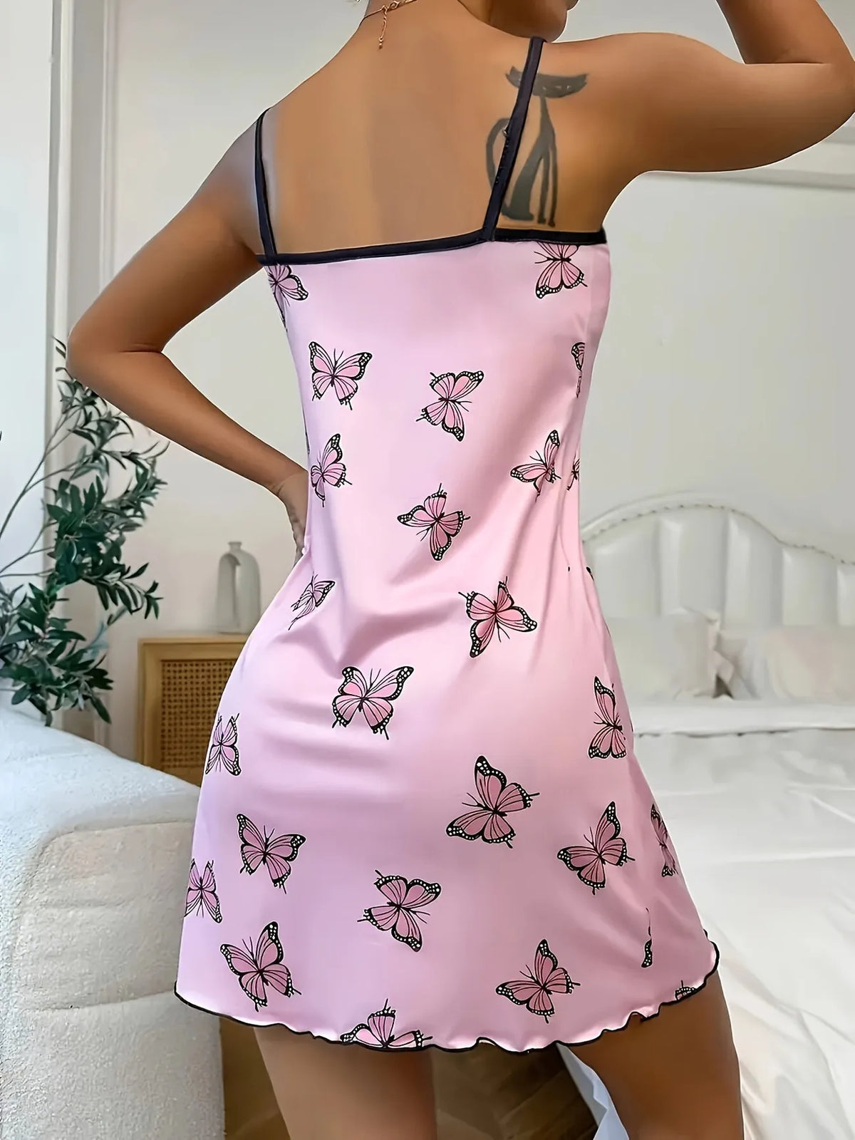 Women Butterfly Print Spaghetti Strap Nightgown Sexy Slip Sleep Dress Summer Pajama Dress Ladies Loungewear Nightwear Sleepwear