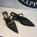 BIGTREE Crystal Mesh Fabric Pointed Toe Slippers Women Sexy Elegant Buckle Strap Party Prom Thin Low Heels Mule Shoes