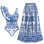 2025 New 2-Piece Shoulder Ruffle Swimsuit With Cover Up Sexy Women Swimwear Push Up Biquini Bathsuit Bodysuit Beachwear Dress