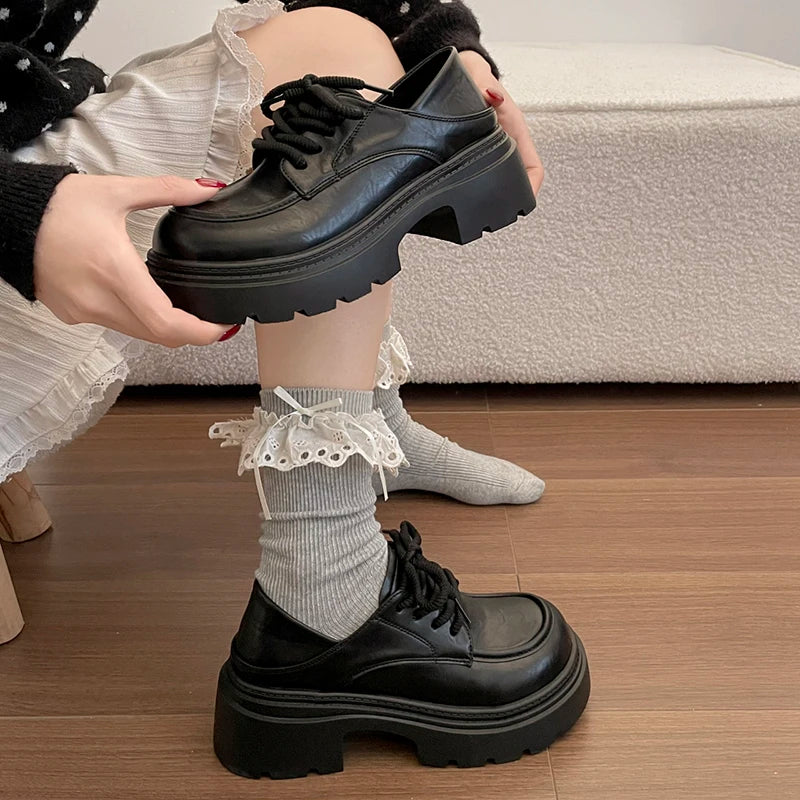 Elegant Lace-Up Platform Loafers for Women 2026 British Style High Heels Oxford Shoes Woman Preppy Style Pu Leather Shoes Female