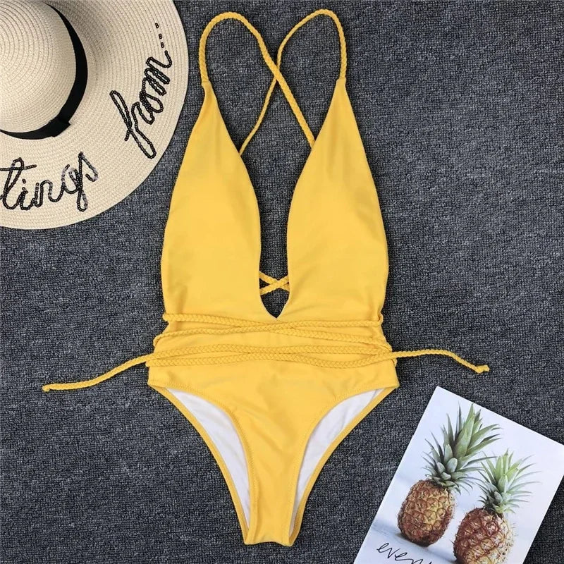 Sexy Deep V Neck Wrap Around Female Swimwear One Piece Swimsuit Women Backless Monokini High Leg Cut Bathing Suit Swim Beachwear