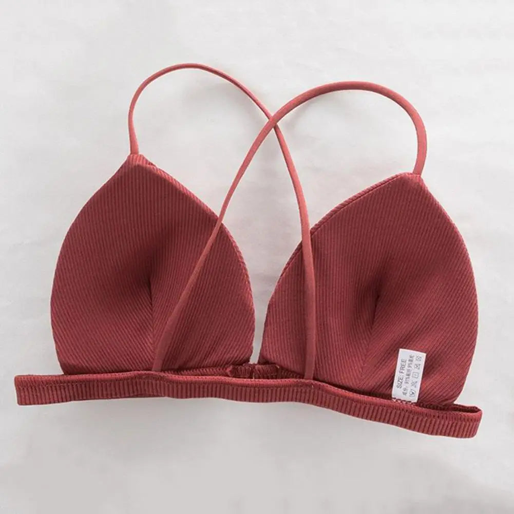 Women Simple Bra Triangle Cup Thin Straps Wrapping Chest Front Buckle Wireless Ribbed Bra Sexy Sports Cross Back Bra