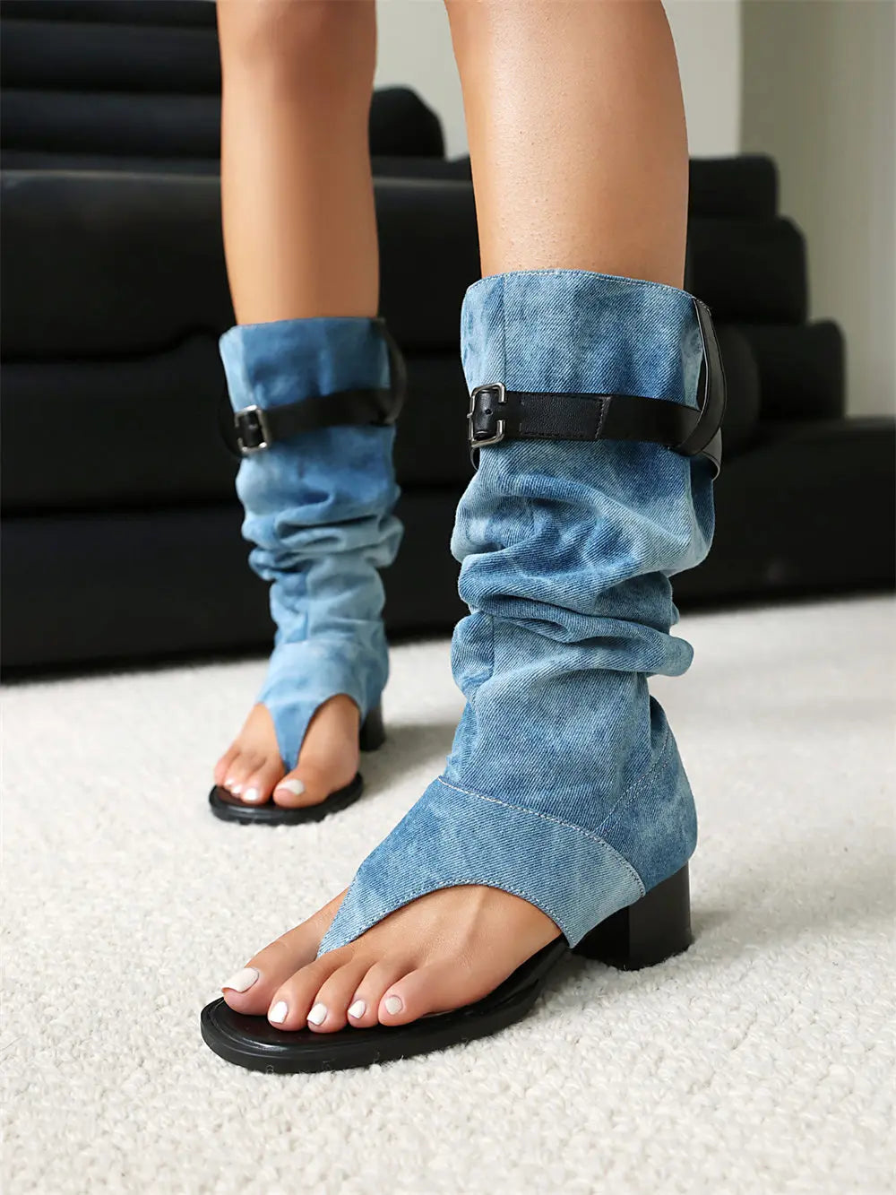 2025 Brand Plus Size 48 Trendy Denim Blue Gladiator Sandals Women Chic Black Chunky HeelsFashion Comfy Walk Summer Boot Shoes