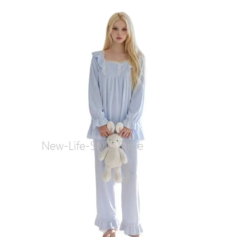 Women Island Fleece Pajama Set, Autumn Winter Sweet Girl Style Cute Double-Sided Fleece Warm Long Sleeve Long Pants Loungewear