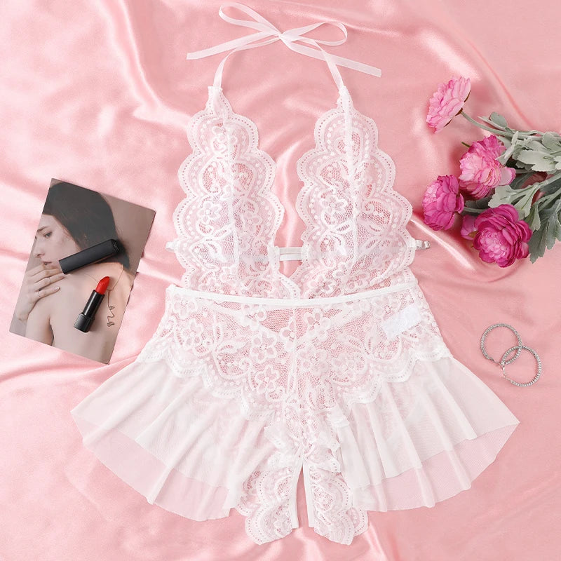 Women's Hollow Crotchless Bodysuit Slim Fit Erotic Mesh Lace Jumpsuit Bodysuit Summer Sexy Fashion Sleepwear Dress