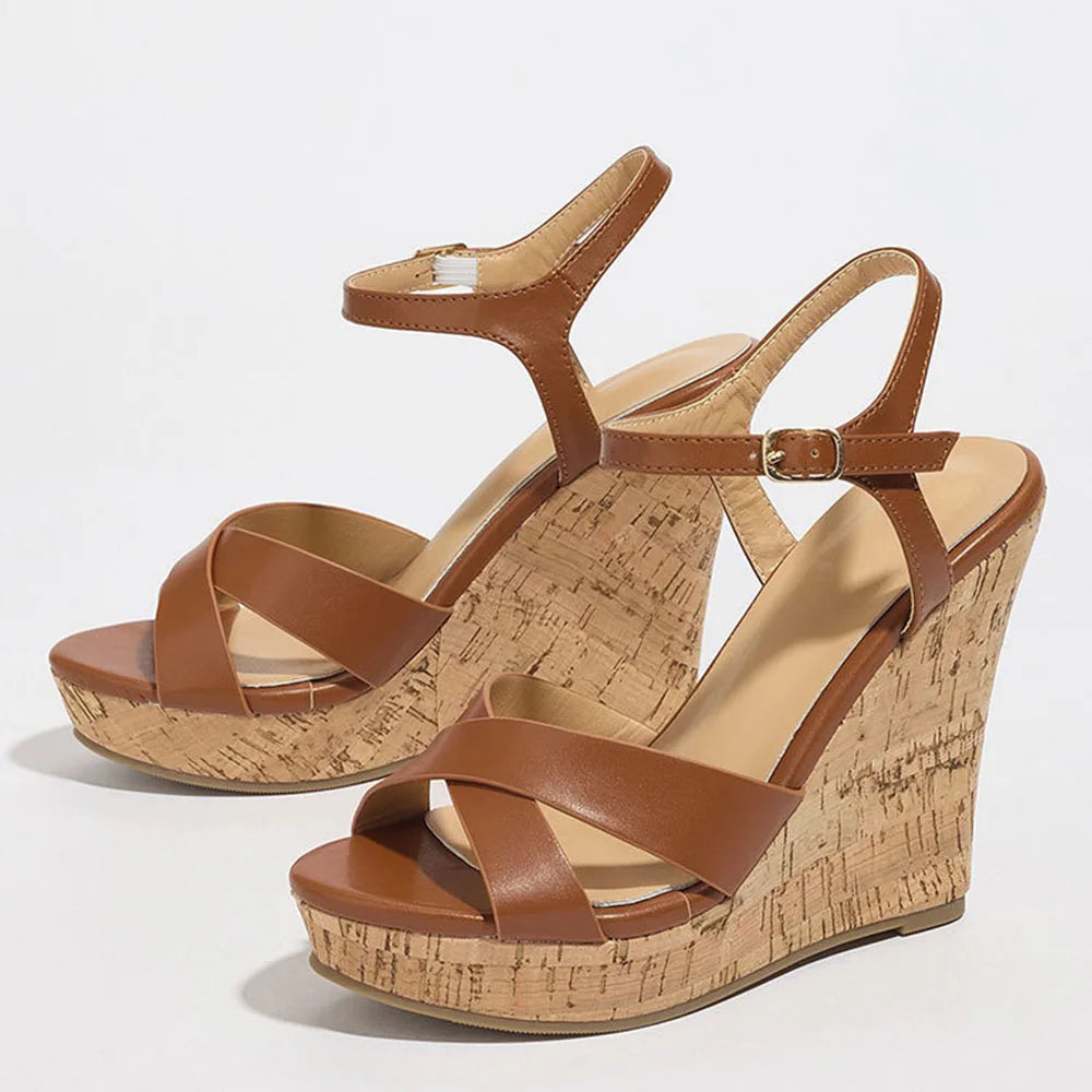 Vintage Grain Summer Ankle-strap Wedges Sandals Women Retro White High Heels Sandals Platform Sandals Comfy Walking Dress Shoes