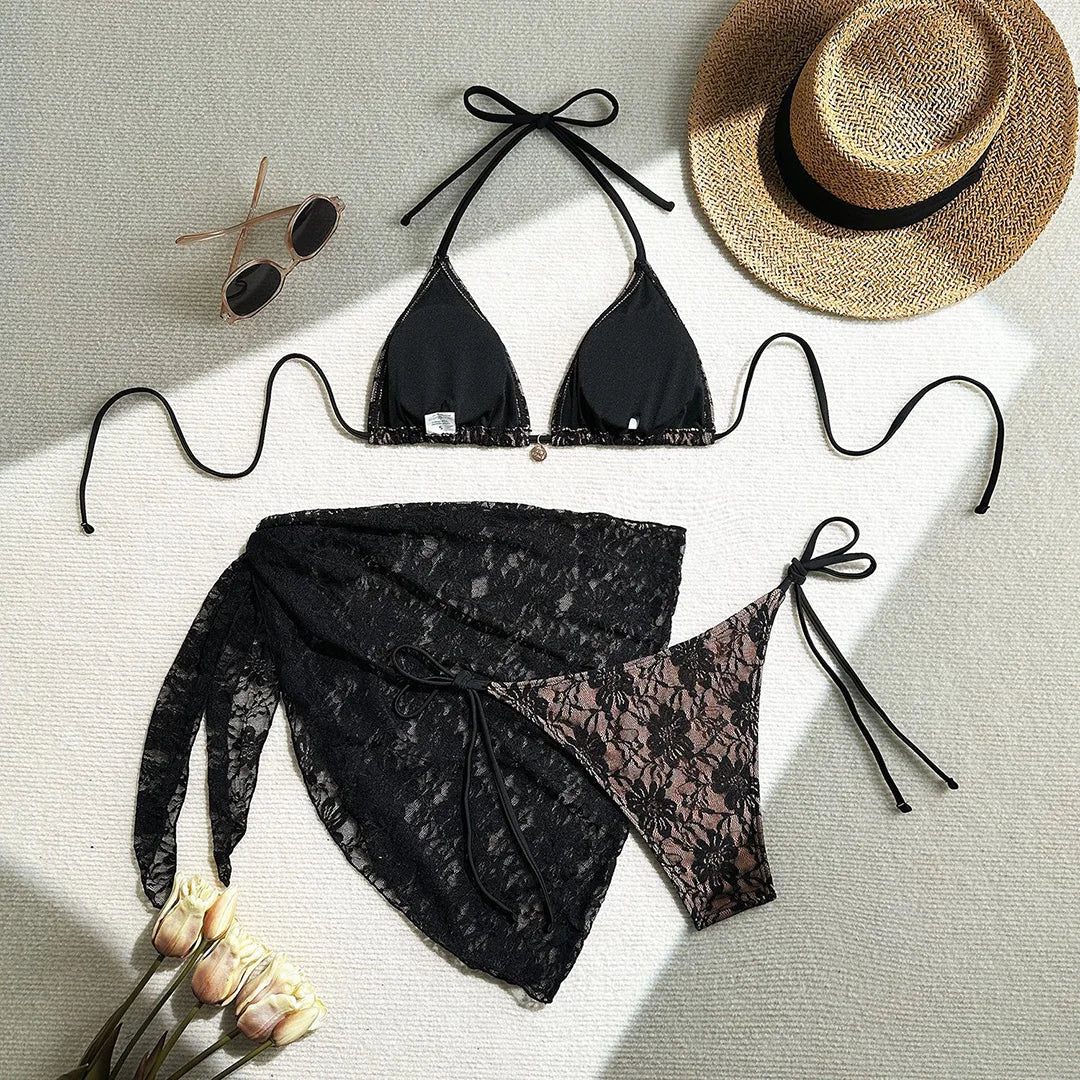 Mesh Sarong Lace Halter High Cut Bikini Female Swimsuit Women Swimwear Three-Pieces Bikini Set Bather Bathing Suit Swim V6284