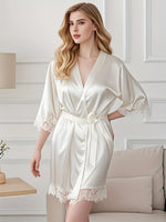 Women's Satin Robe Lace Trim Short Sleeve Belted Bathrobe Lightweight Silky Sleepwear for Home Bridal Nightwear