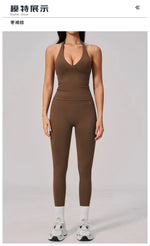 Summer Seamless Yoga Sets Women V Neck Slim Sports Tank Top Fitness Suit Peach Hip High Elasticity Leggings Running Tracksuit