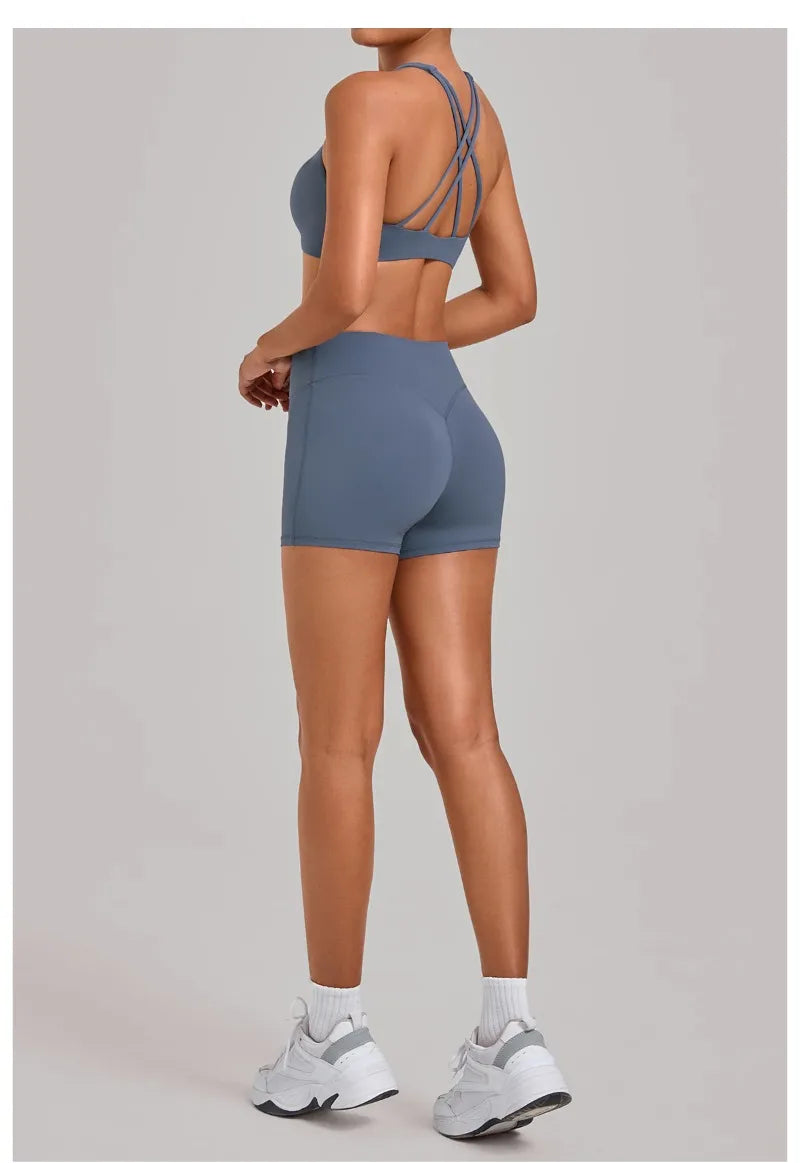 Women's Nude Yoga Sets Sports Cross Beauty Back Bra Hip-lifting Slim Fit Shorts Suits Running Fitness Workout Gym Sets