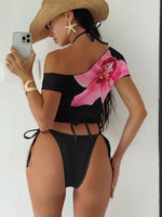 Sexy Pink Floral Print Short Sleeve Cover Up 3 Piece Bikini Set 2026 Women Push Up Thong Swimsuit Holiday Bathing Suit Swimwear